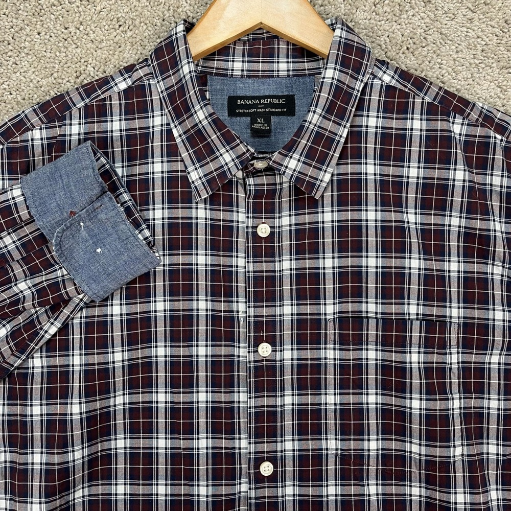 Banana Republic Shirt Mens XL Burgundy‎ White Gingham Button Down Flip Cuff EUC